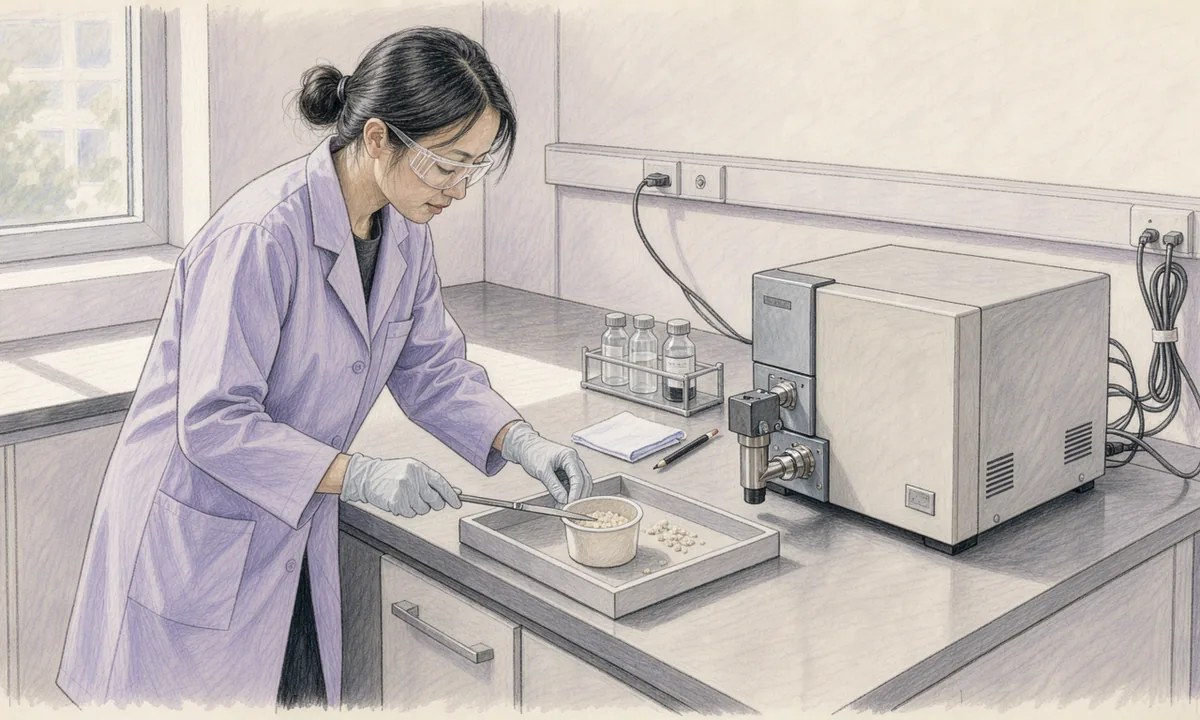 A technician beside a mass spectrometry instrument with an unmarked specimen tray on a cream laboratory bench