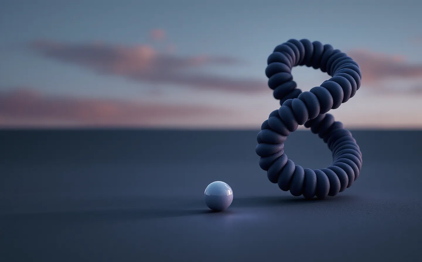 A deadpan Surrealist dream-plate of a tiny seven-bead peptide fragment floating beside a much larger coiled protein emblem at impossible relative scale, casting wrong-direction shadows on a deep twilight ground