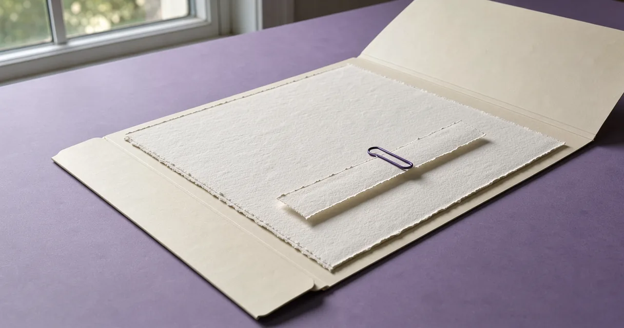 An open cream file folder with a complete sheet and a narrow paper fragment on a lavender desk