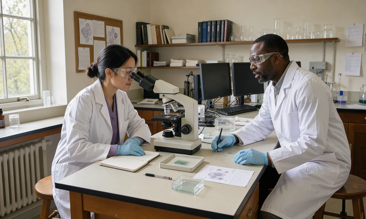 Two laboratory workers examining a slide beside a microscope in a daylight laboratory