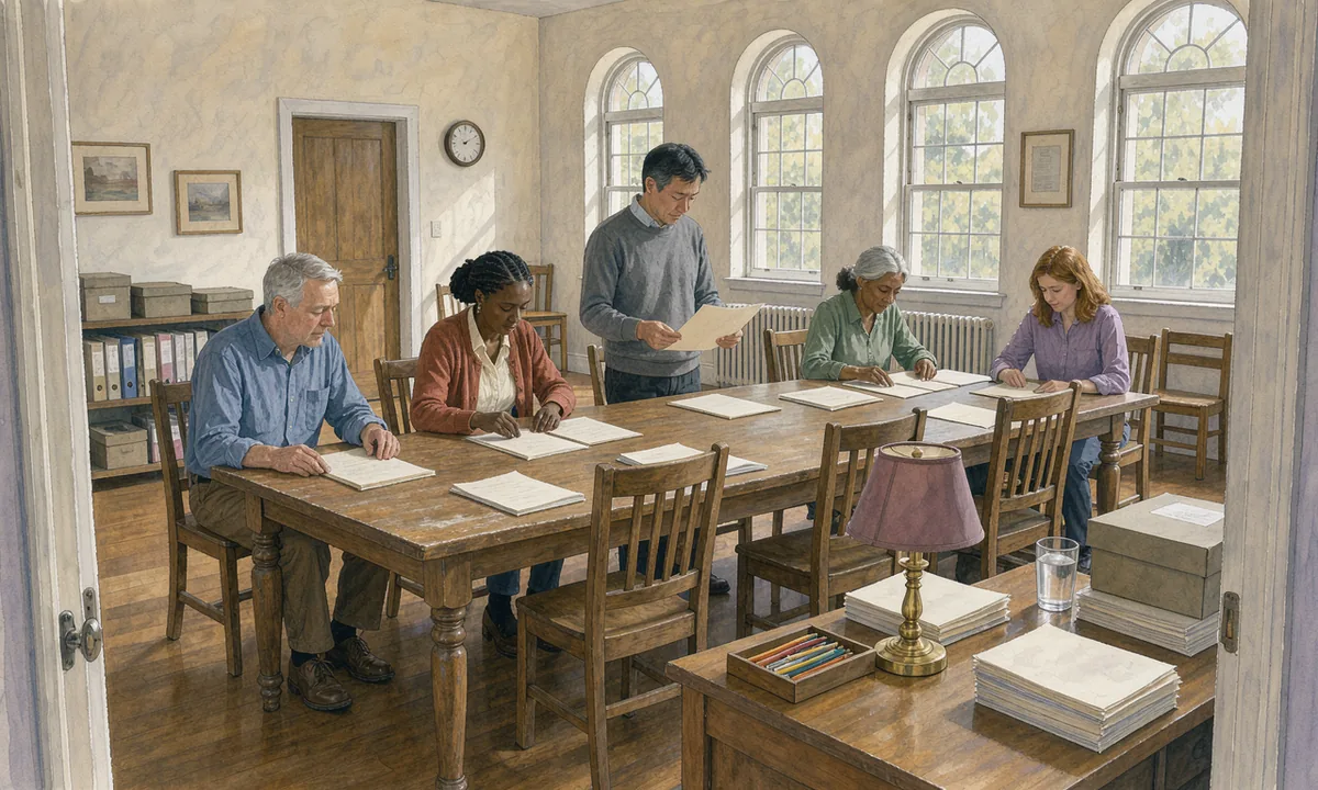 People reading documents at a long table beneath arched windows in a public reading room